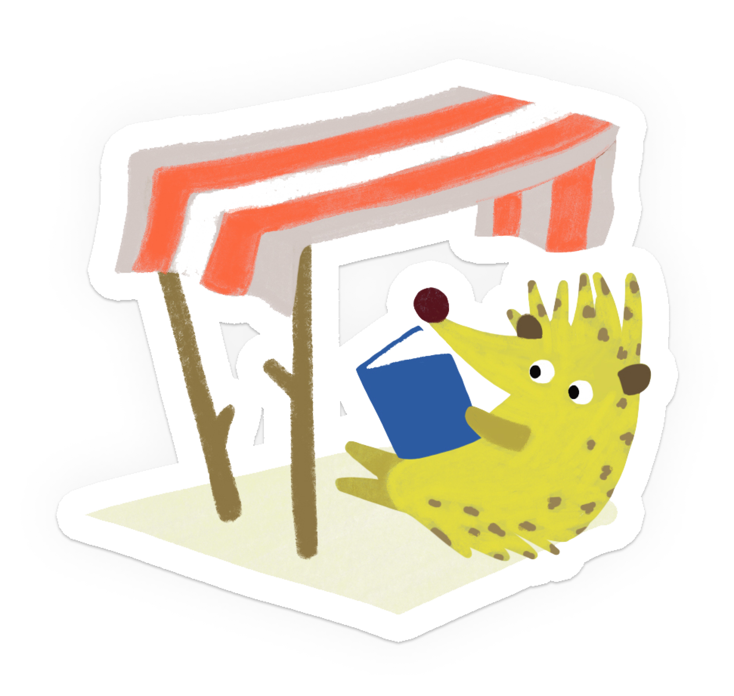 Illustratie egel die boek leest in een hut